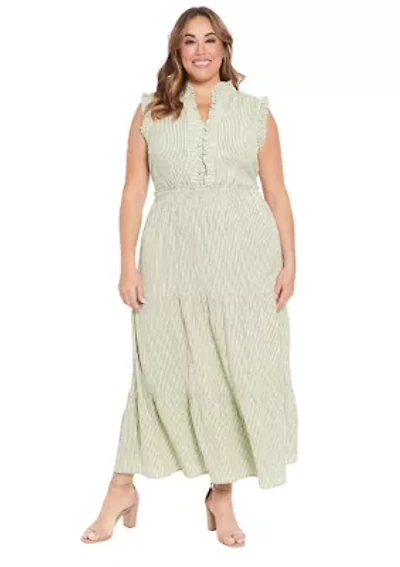 Plus Summer Pucker Stripe Smocked Waist Ruffle Collared Tiered Maxi Dress
