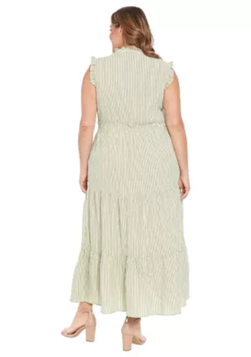 Plus Summer Pucker Stripe Smocked Waist Ruffle Collared Tiered Maxi Dress