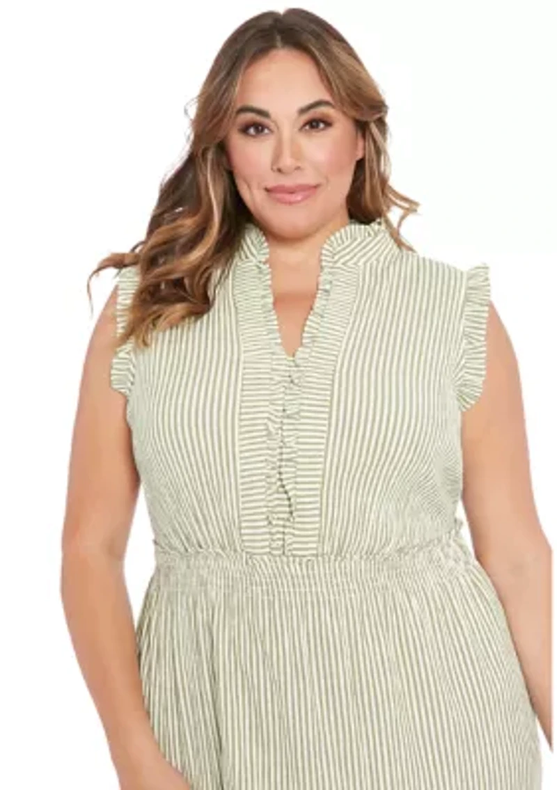Plus Summer Pucker Stripe Smocked Waist Ruffle Collared Tiered Maxi Dress