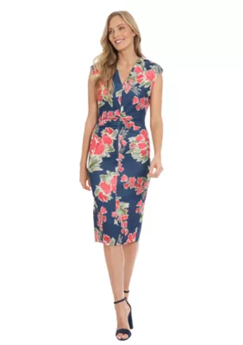 Women's Techno Scuba Printed Extended Shoulder V-Neck Ruched Midi Dress