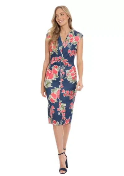 Women's Techno Scuba Printed Extended Shoulder V-Neck Ruched Midi Dress