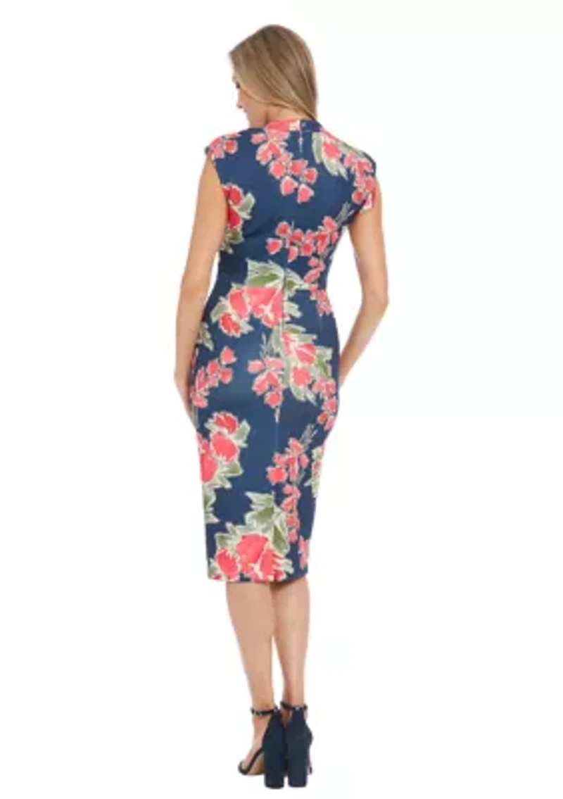Women's Techno Scuba Printed Extended Shoulder V-Neck Ruched Midi Dress
