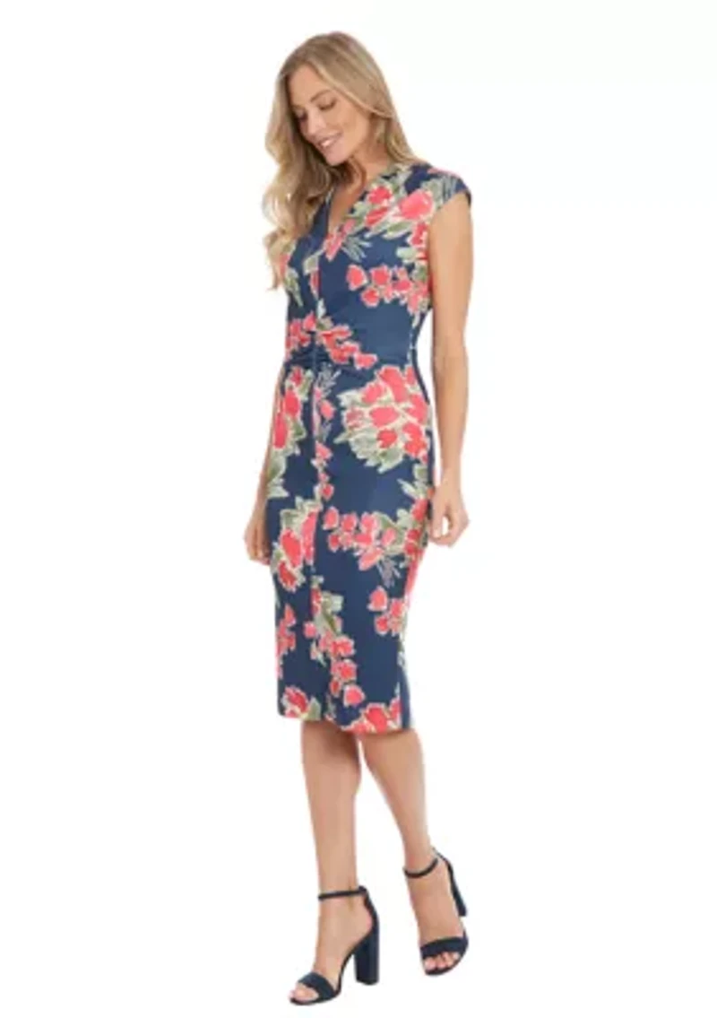 Women's Techno Scuba Printed Extended Shoulder V-Neck Ruched Midi Dress