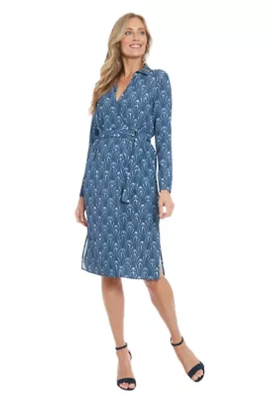 Women's Printed Bubble Crepe Smocked Waist Collared Faux Wrap with D-RIng Sash