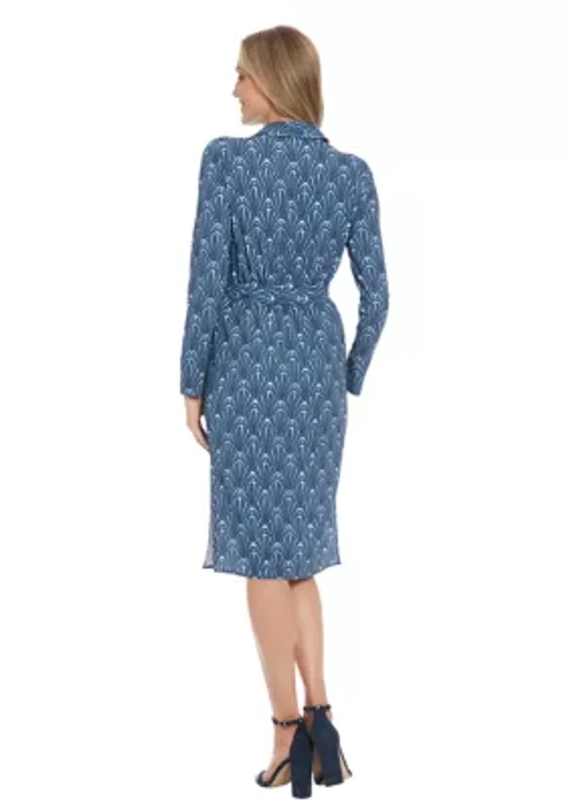 Women's Printed Bubble Crepe Smocked Waist Collared Faux Wrap with D-RIng Sash