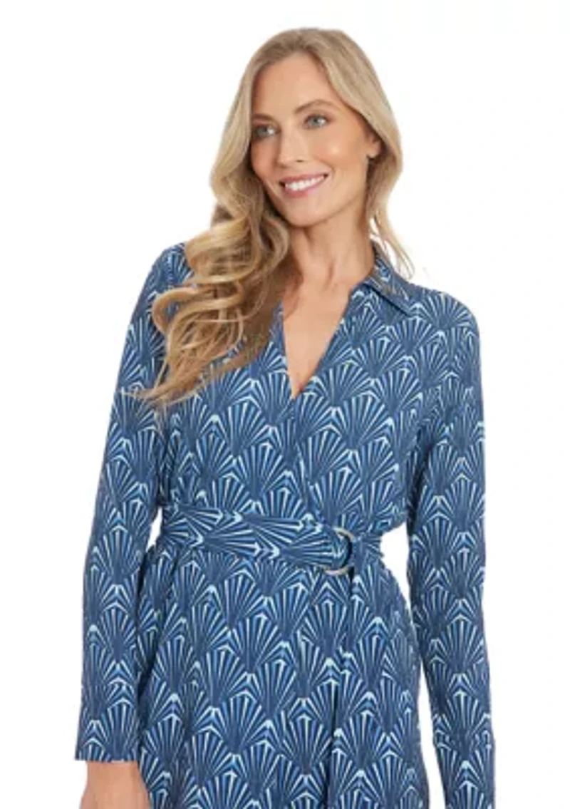 Women's Printed Bubble Crepe Smocked Waist Collared Faux Wrap with D-RIng Sash
