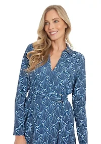 Women's Printed Bubble Crepe Smocked Waist Collared Faux Wrap with D-RIng Sash