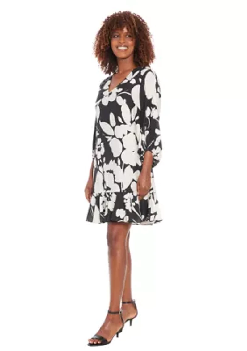 Women's 3/4 Sleeve V-Neck Floral Print A-Line Dress