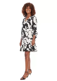 Women's 3/4 Sleeve V-Neck Floral Print A-Line Dress