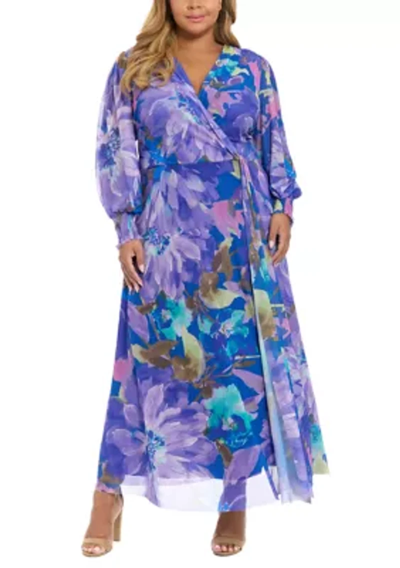 Plus Long Sleeve Printed Mesh Maxi Dress
