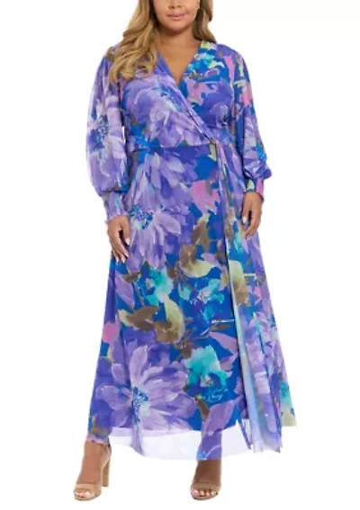 Plus Long Sleeve Printed Mesh Maxi Dress