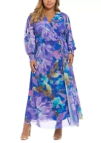 Plus Long Sleeve Printed Mesh Maxi Dress
