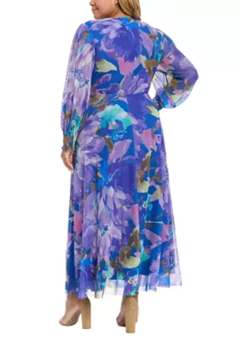Plus Long Sleeve Printed Mesh Maxi Dress
