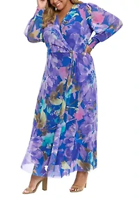 Plus Long Sleeve Printed Mesh Maxi Dress