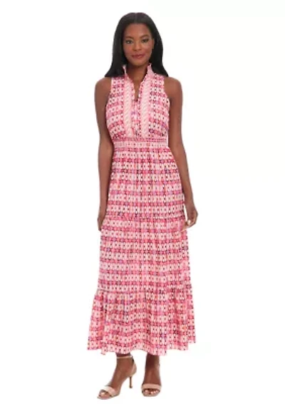 Women's Printed Bubble Crepe Smocked Waist Tiered Maxi Dress
