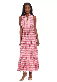 Women's Printed Bubble Crepe Smocked Waist Tiered Maxi Dress