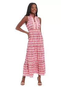 Women's Printed Bubble Crepe Smocked Waist Tiered Maxi Dress
