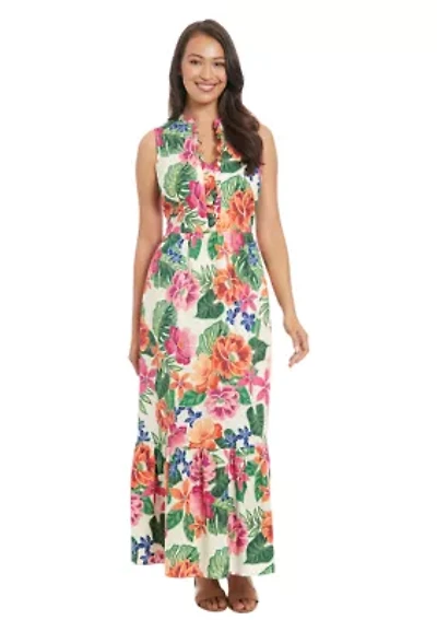 Women's Sleeveless Mock Neck Floral Print Maxi Dress