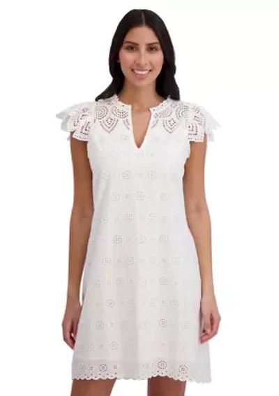 Ruffle Split Neck Sleeve Shift Dress