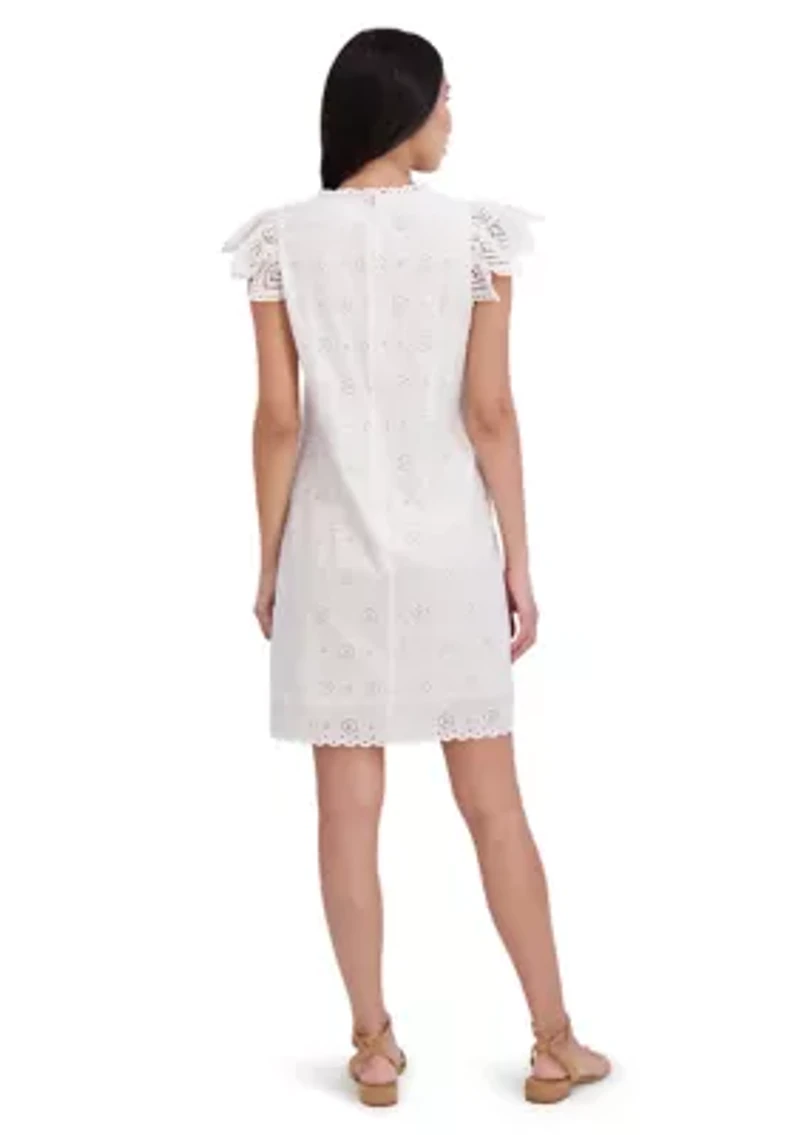 Ruffle Split Neck Sleeve Shift Dress