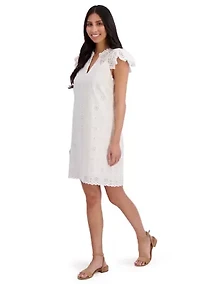 Ruffle Split Neck Sleeve Shift Dress