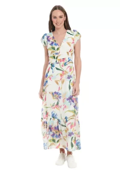 Women's V-Neck Floral Printed A-Line Maxi Dress
