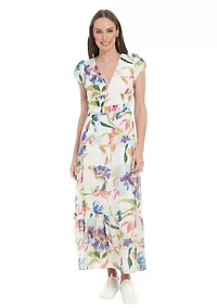 Women's V-Neck Floral Printed A-Line Maxi Dress