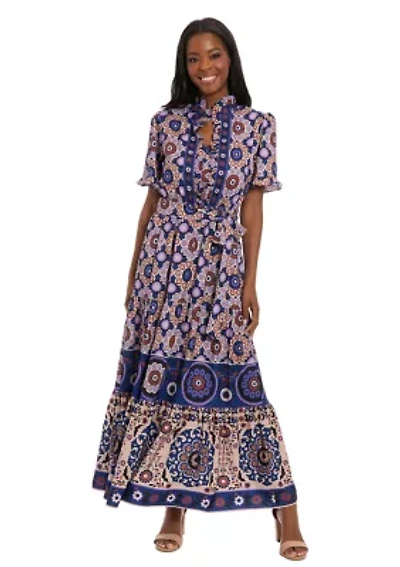 Women's Short Sleeve Mock Neck Floral Print Midi Dress