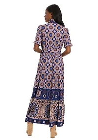 Women's Short Sleeve Mock Neck Floral Print Midi Dress