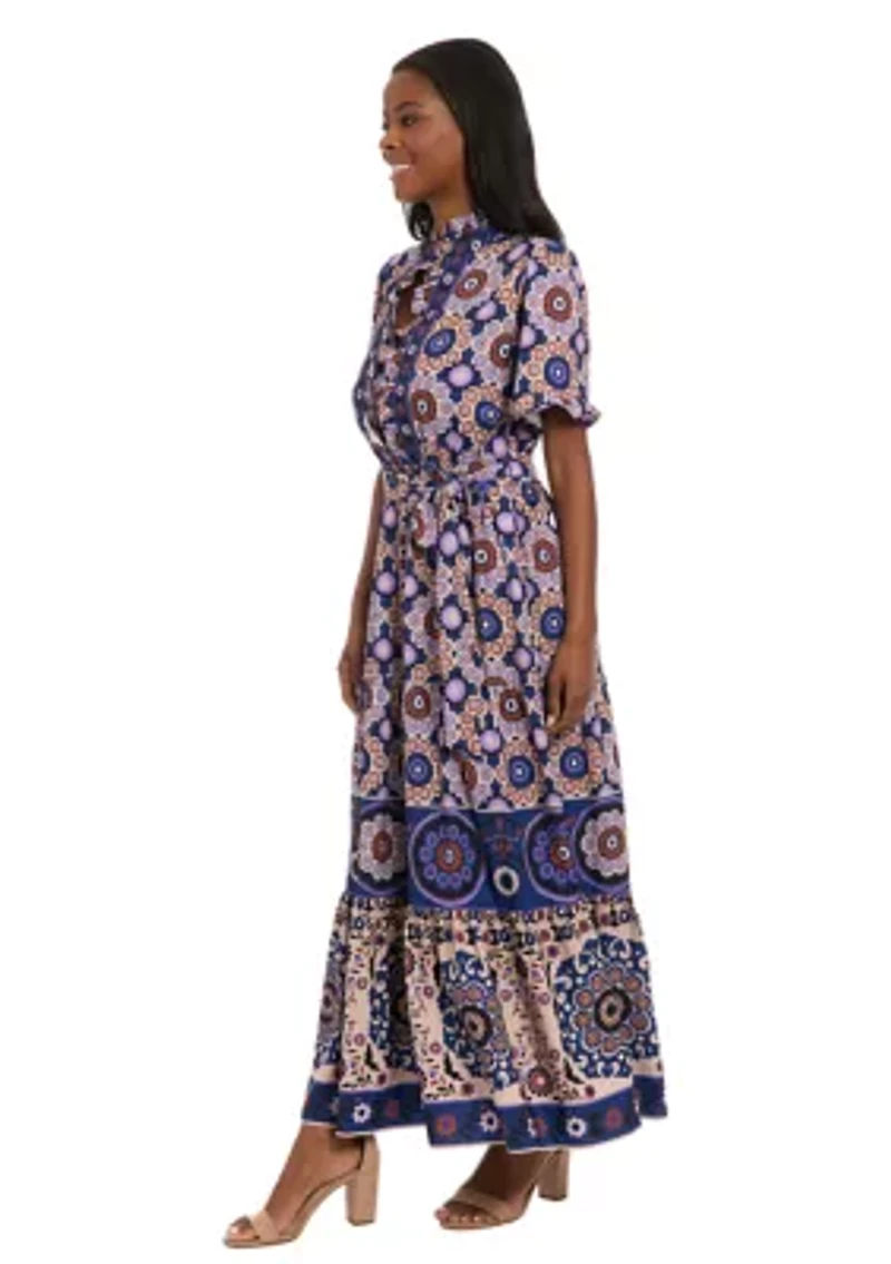 Women's Short Sleeve Mock Neck Floral Print Midi Dress