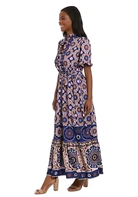Women's Short Sleeve Mock Neck Floral Print Midi Dress