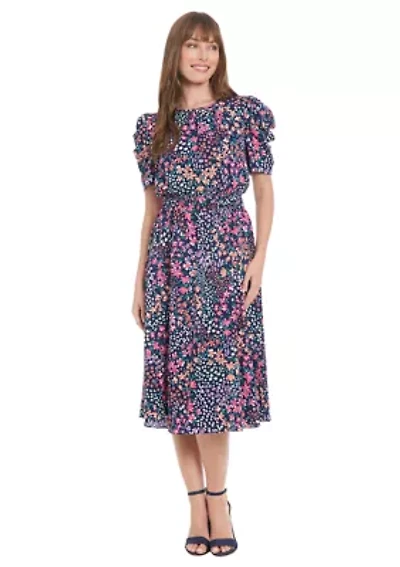 Women's Printed Bubble Crepe Shirred Jewel Neck Pleated Ruched Sleeve Midi Dress