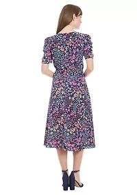 Women's Printed Bubble Crepe Shirred Jewel Neck Pleated Ruched Sleeve Midi Dress