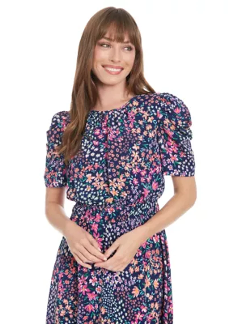 Women's Printed Bubble Crepe Shirred Jewel Neck Pleated Ruched Sleeve Midi Dress