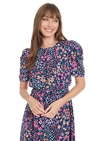 Women's Printed Bubble Crepe Shirred Jewel Neck Pleated Ruched Sleeve Midi Dress