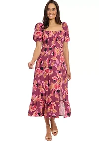 Women's Short Sleeve Square Neck Floral Print Midi Dress