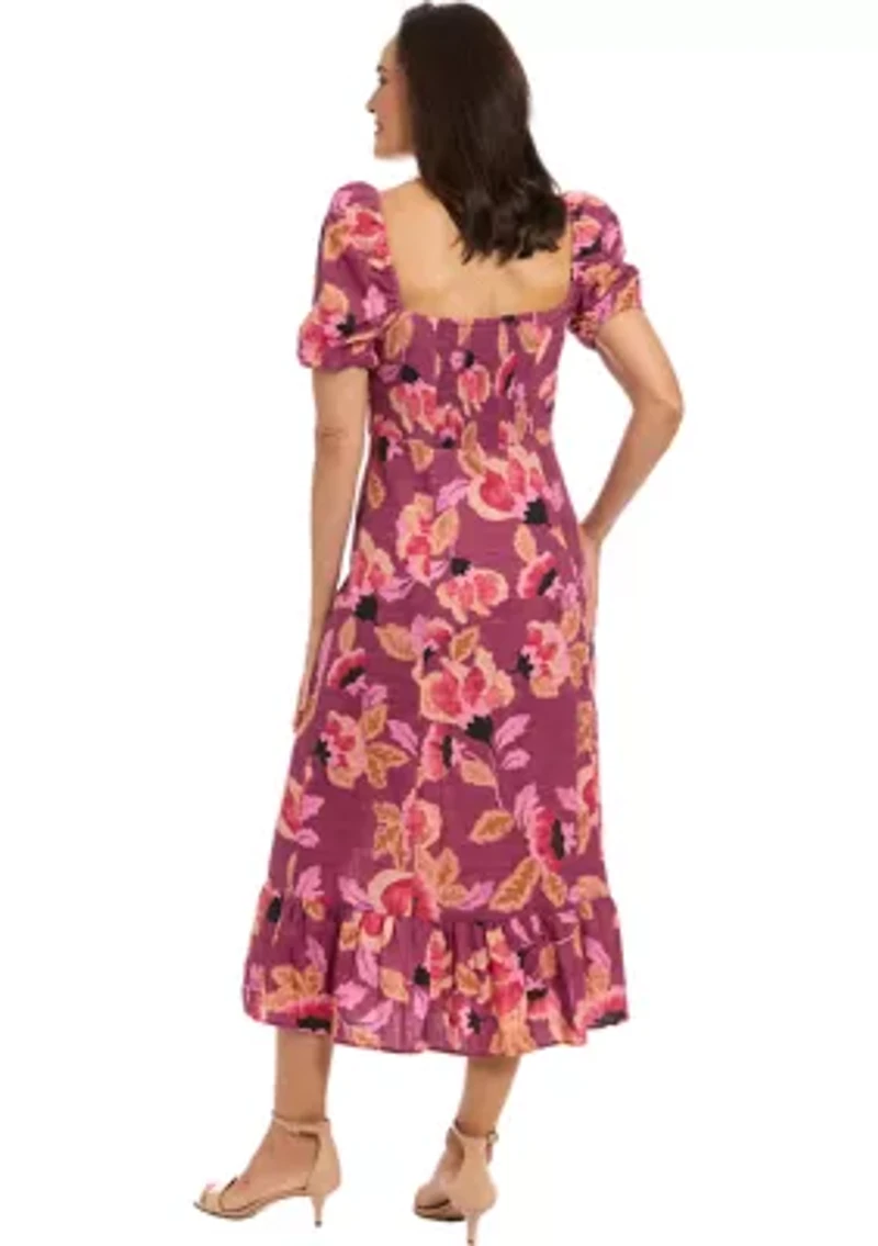 Women's Short Sleeve Square Neck Floral Print Midi Dress