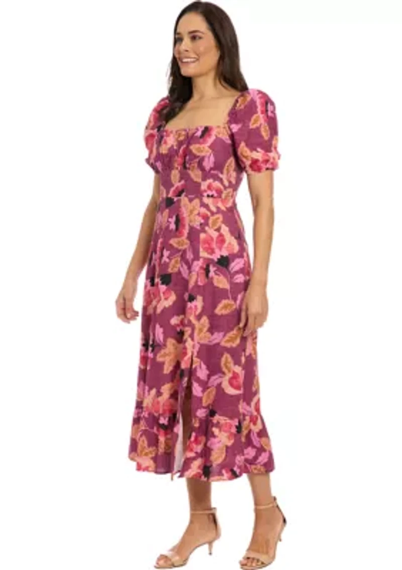 Women's Short Sleeve Square Neck Floral Print Midi Dress