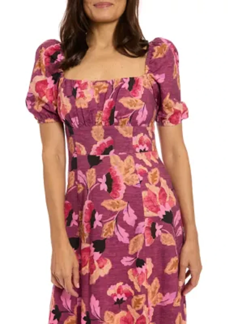 Women's Short Sleeve Square Neck Floral Print Midi Dress