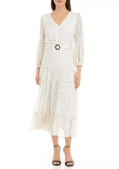 Women's 3/4 Sleeve V-Neck Belt Waisted Printed Fit and Flare Midi Dress