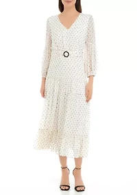 Women's 3/4 Sleeve V-Neck Belt Waisted Printed Fit and Flare Midi Dress