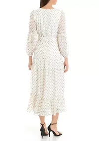 Women's 3/4 Sleeve V-Neck Belt Waisted Printed Fit and Flare Midi Dress