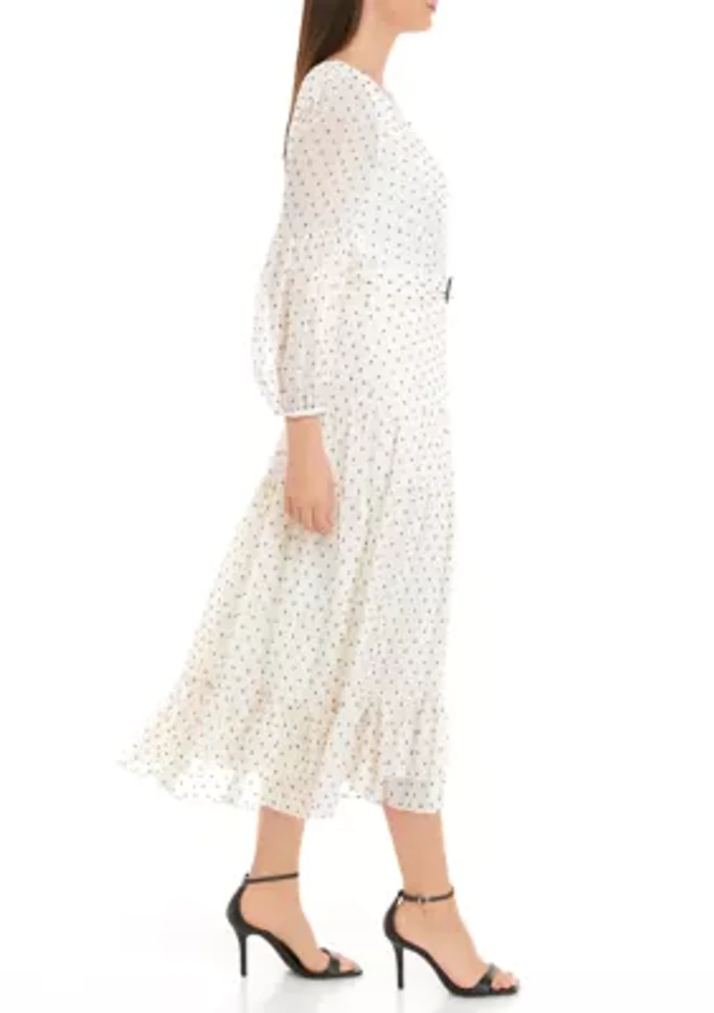 Women's 3/4 Sleeve V-Neck Belt Waisted Printed Fit and Flare Midi Dress