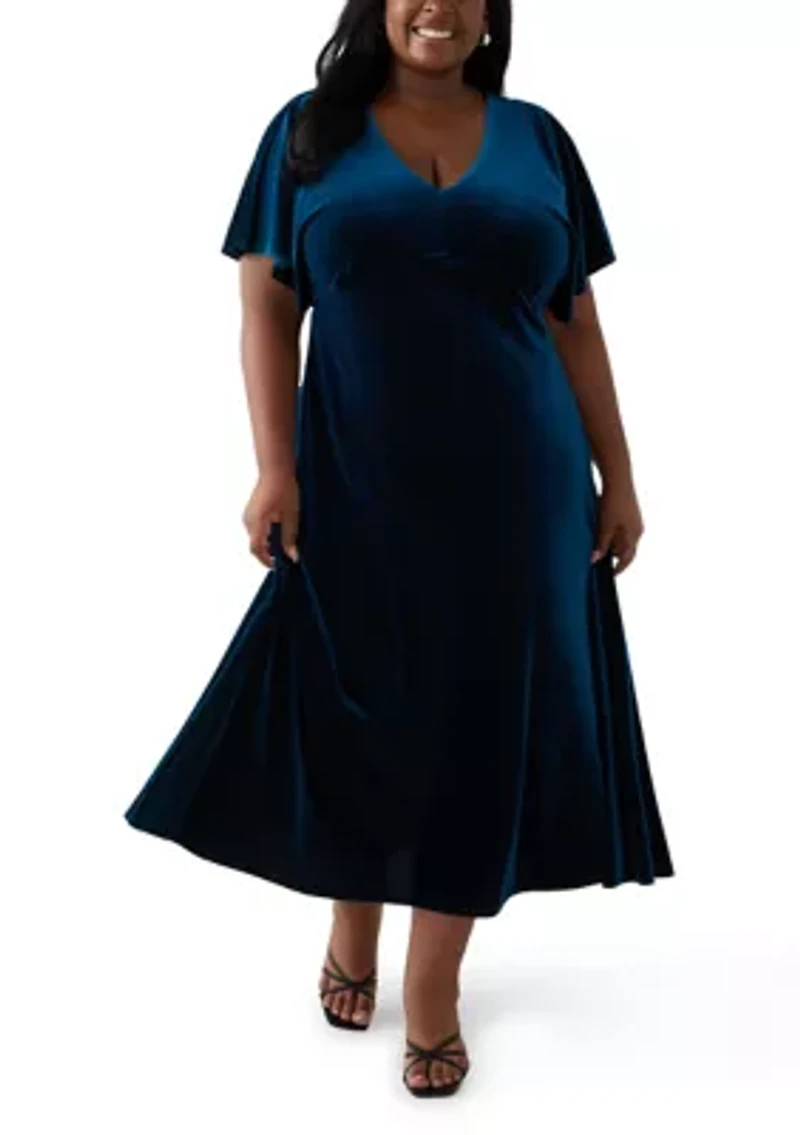 Plus V-Neck Velvet A-Line Dress
