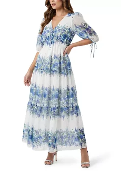Women's Elbow Sleeve V-Neck Floral Print Chiffon Maxi Dress