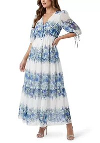 Women's Elbow Sleeve V-Neck Floral Print Chiffon Maxi Dress