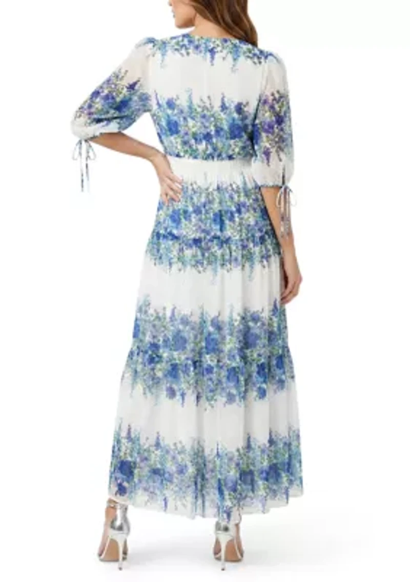 Women's Elbow Sleeve V-Neck Floral Print Chiffon Maxi Dress