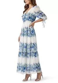 Women's Elbow Sleeve V-Neck Floral Print Chiffon Maxi Dress