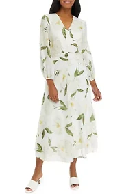 Women's Long Sleeve V-Neck Floral Print Midi Dress