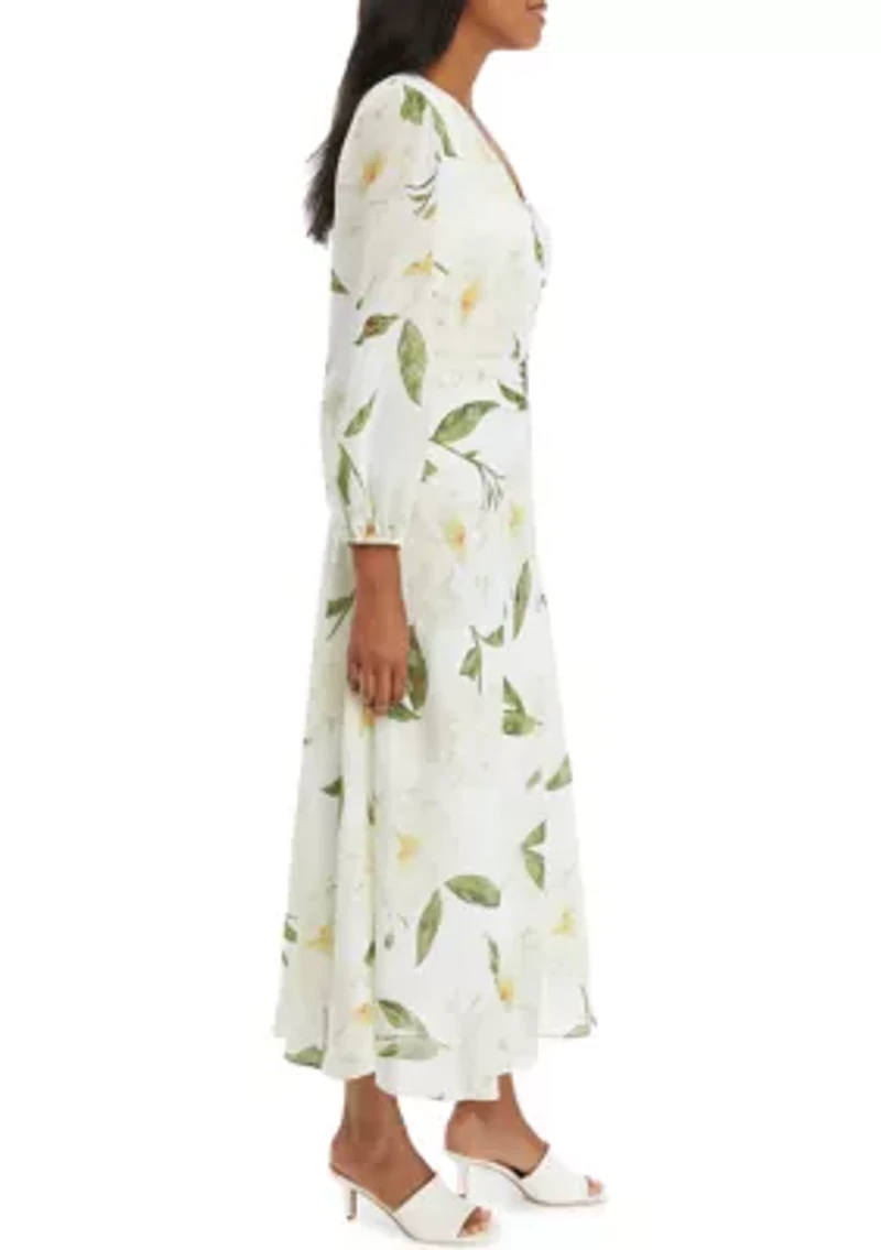 Women's Long Sleeve V-Neck Floral Print Midi Dress